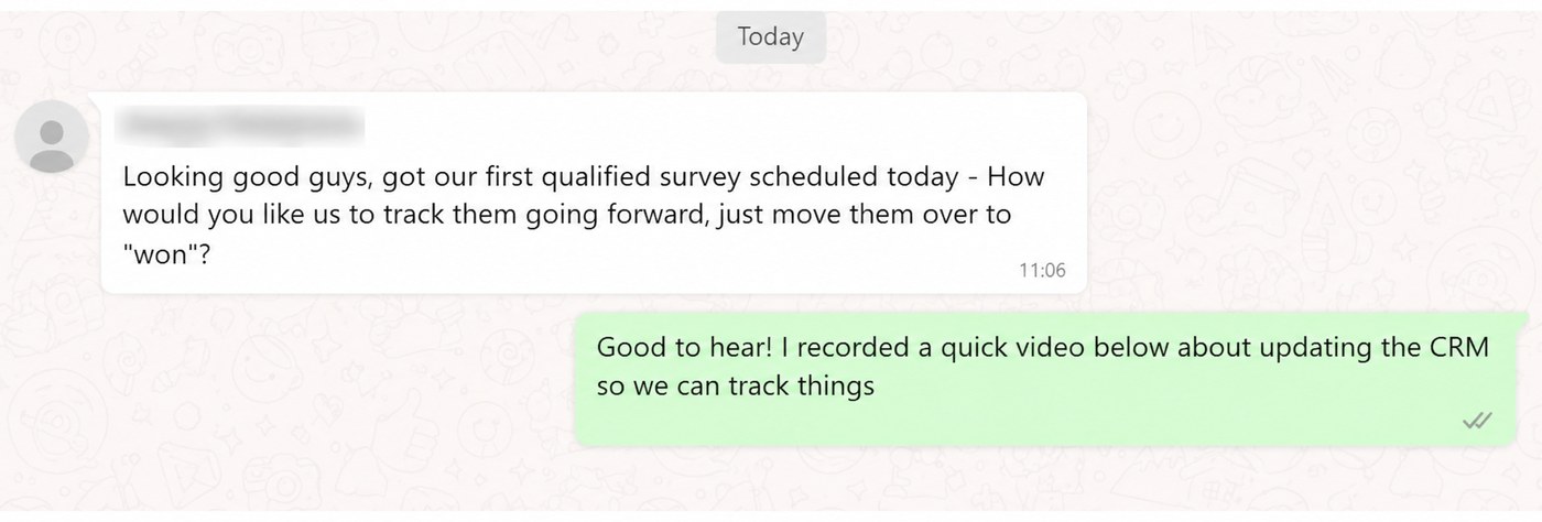 WhatsApp message from an installer: looking good guys, got our first qualified survey scheduled today.
